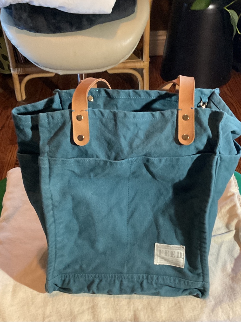 Teal Canvas FEED Tote with Leather Handles -  Bags